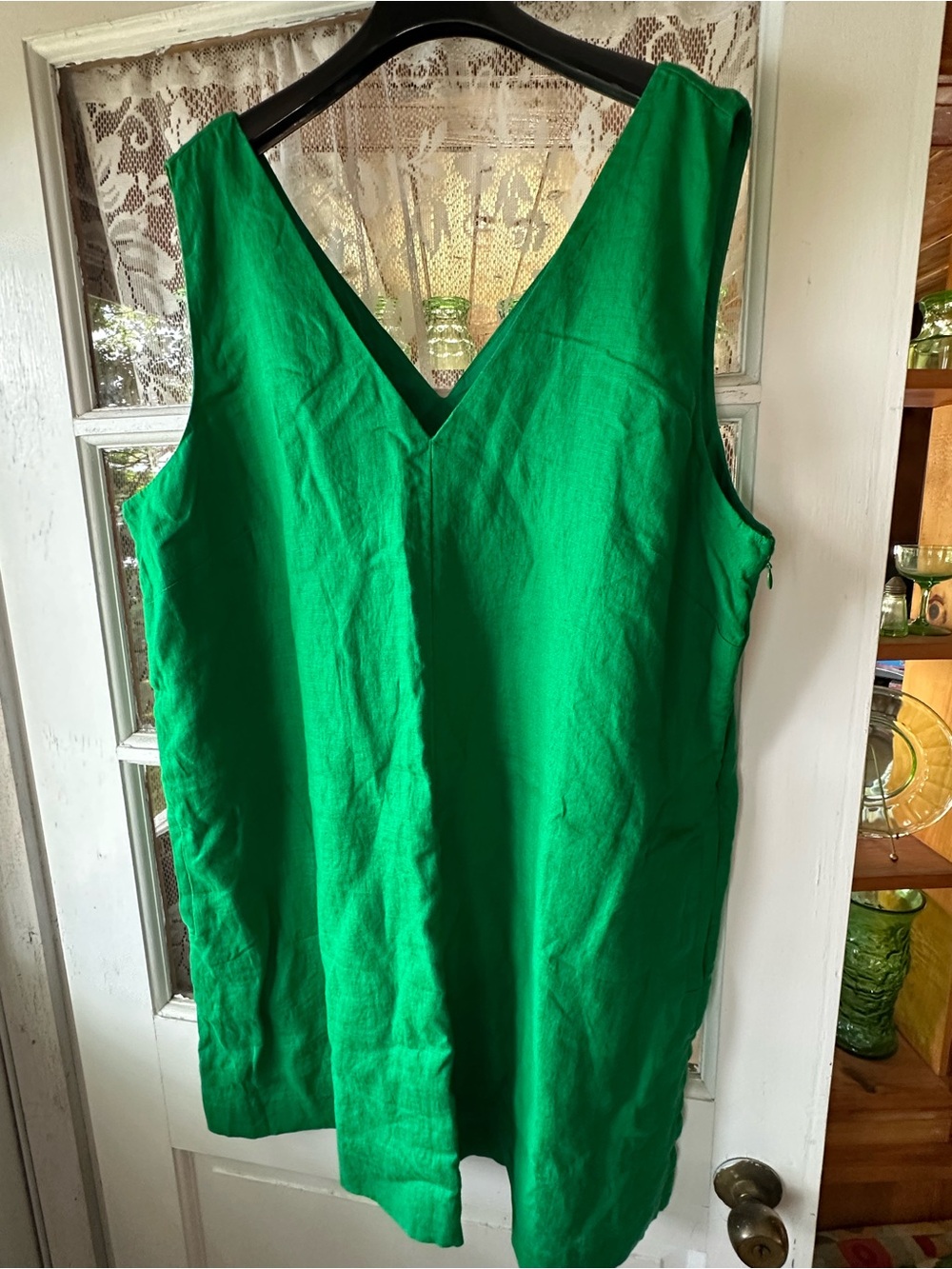Green V-Neck Women's linen dress